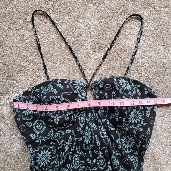 Luciano Dante 100% Silk Halter Keyhole Dress Black Aqua Floral Lined Dress 6 - Picture 7 of 8